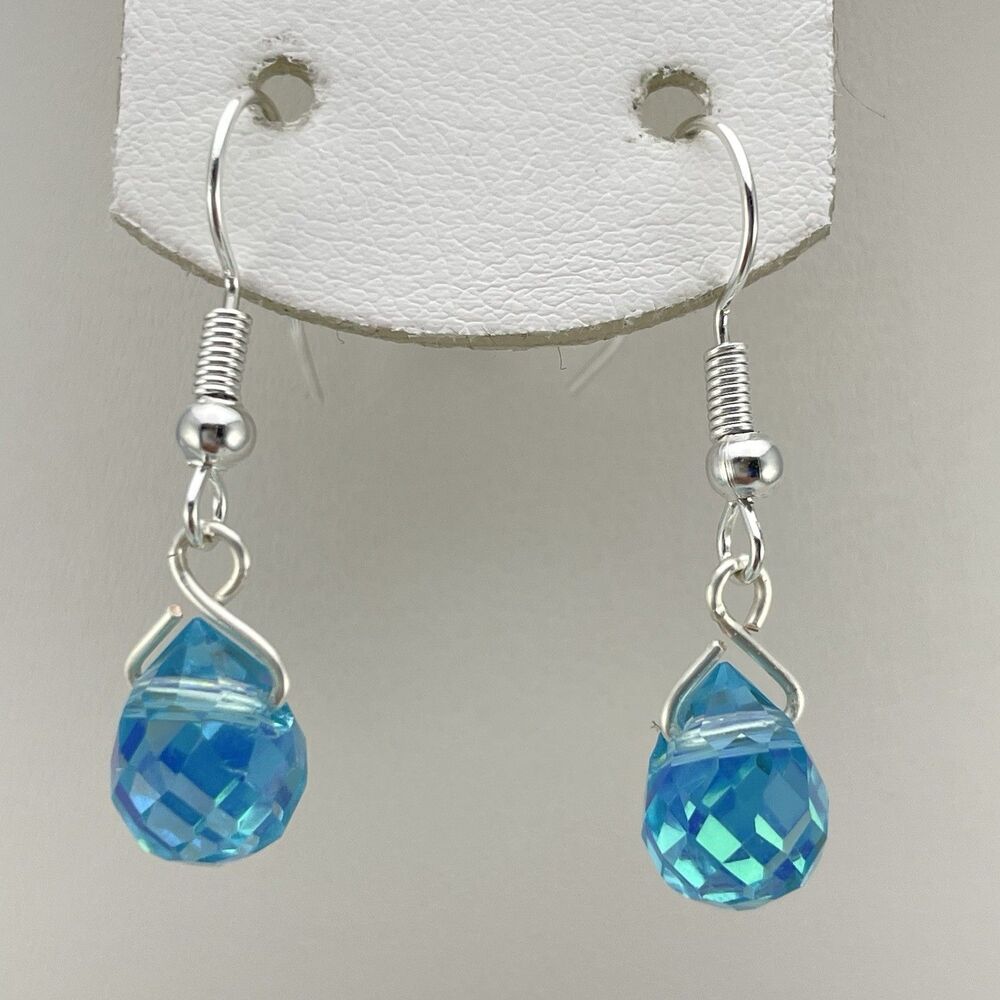 Stunning Silver Tone Blue Glass Teardrop Dangle Earrings Cute Beautiful Sparkly
